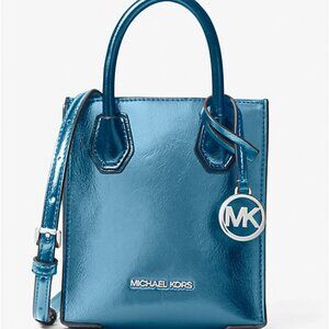 NWT MICHAEL KORS MERCER XS MINI CROSSBODY PHONE MK BAG METALLIC TEAL BLUE $398